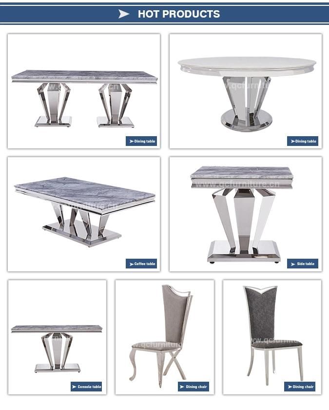 Modern Dining Room Furniture Marble Top Dining Table Mirrored Silver Stainless Steel Frame Dining Table and Chair Set
