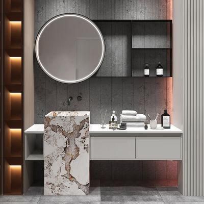 Exquisite Exterior Design White Floor Mounted Design Bathroom Vanity Cabinet with LED Mirror and Rock Plate Basin