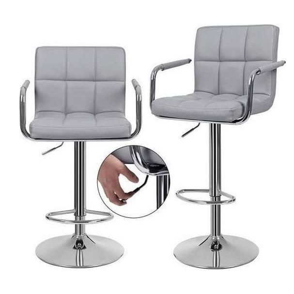 New Design Soft Back Armrest Lift Swivel Modern PU Fabric High Bar Stool Chair with Chrome Footrest