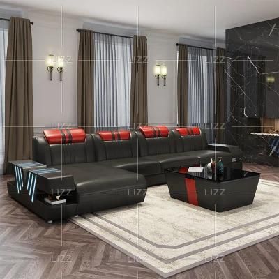 Functional LED Modern Designer Home Liivng Room Furniture L Shape Leather Sofa with Coffee Table