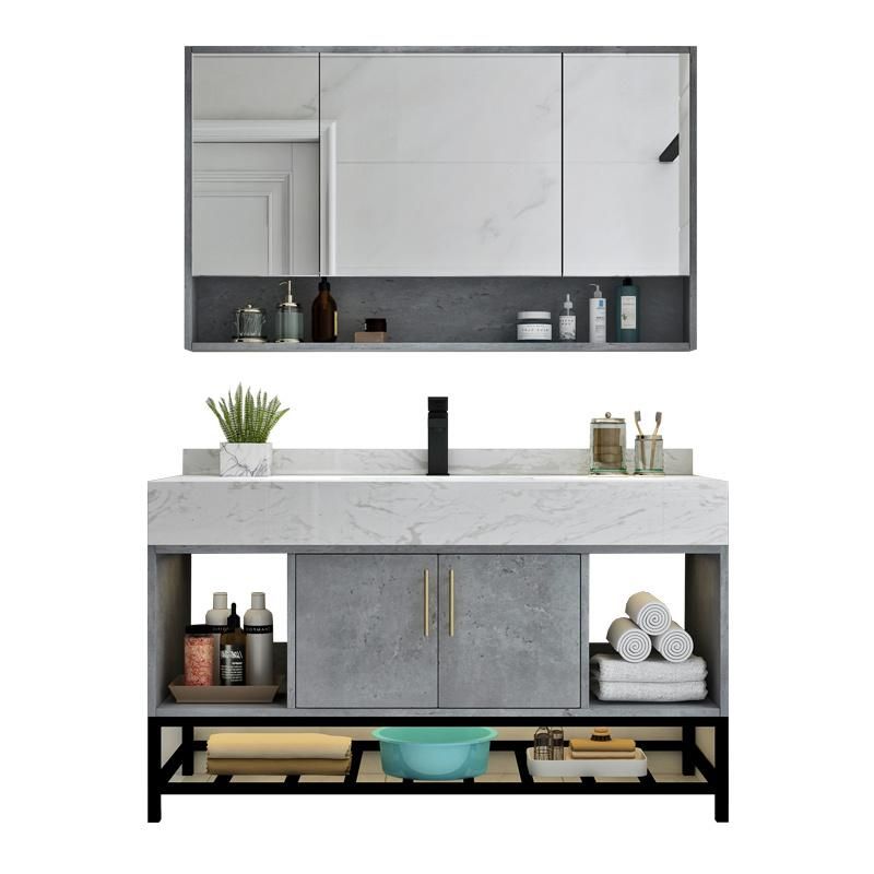 Modern Gray Bathroom Cabinet, LED Mirror Floor Mounted Bathroom Vanities