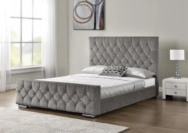 Modern Queen Velvet Button Bed Silver Velvet Crush Headboard Storage Double Bed