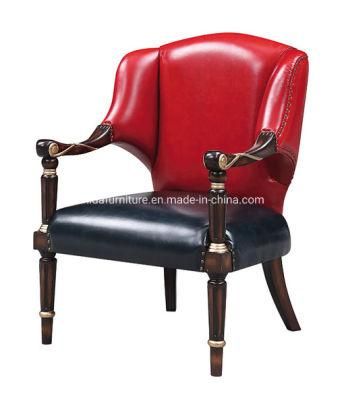 Genuine Leather Red Black Wooden Carved Armrest Chair