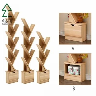 Wood Color Tree Style Bookshelf with Drawers