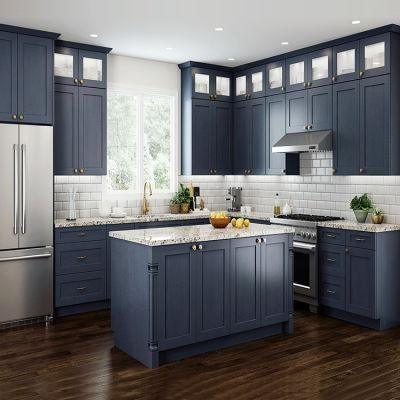 Luxury American Modern Natural Maple Wooden Cupboard MDF Laminate Kitchen Cabinet Set Dark Blue Shaker Modular Kitchen Cabinets