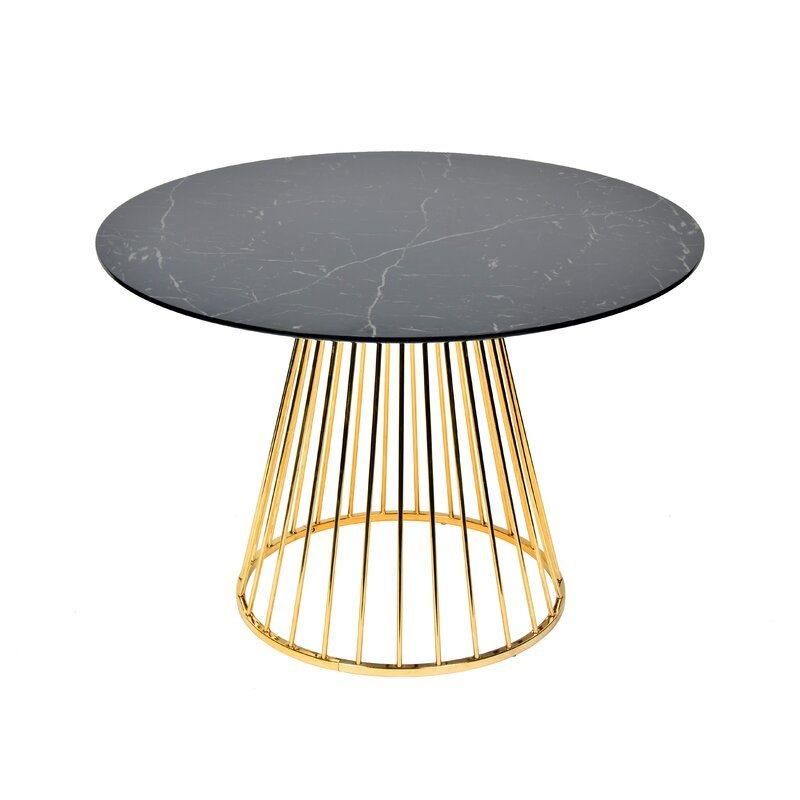 Wood and Glass Dining Room Table Modern Gold Stainless Steel Leg Rectangular Square Round Clear Tempered Glass Top Dining Table