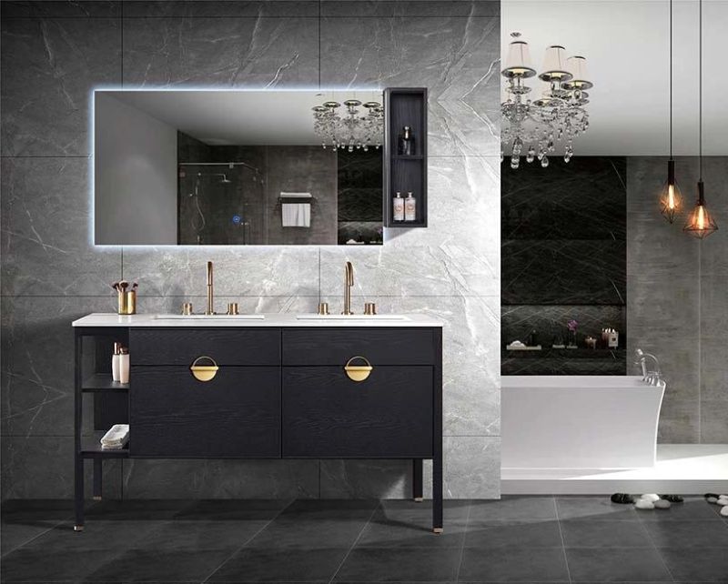 Elegant Floor Type Solid Wood Bathroom Cabinet with Mirror Cabinet and Marble Countertop