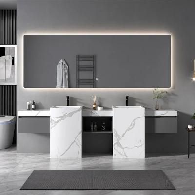 Experienced New Design Big Size Hotel Manufacturer OEM Style LED Mirror Bathroom Furniture Cabinet Vanities Furniture with Rock Plate Basin