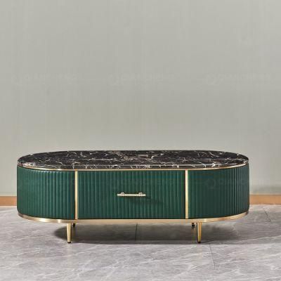 Modern Storage Leather Cover Tea Table TV Cabinet Gold Stainless Steel Leg Marble Top Coffee Tables