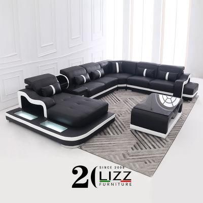 European Style Home Furniture Set Black Sectional Sofa LED Leather Sofa Set