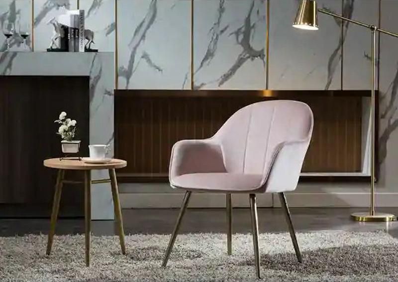 Multi-Functional Home Furniture Velvet Upholstery Golden Chrome Leg Living Room Pink Leisure Chair with Arm Rest
