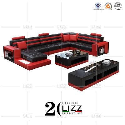 European Modern Style Functional LED Home Living Room Furniture Geniue Leather Modular U Shape Sofa