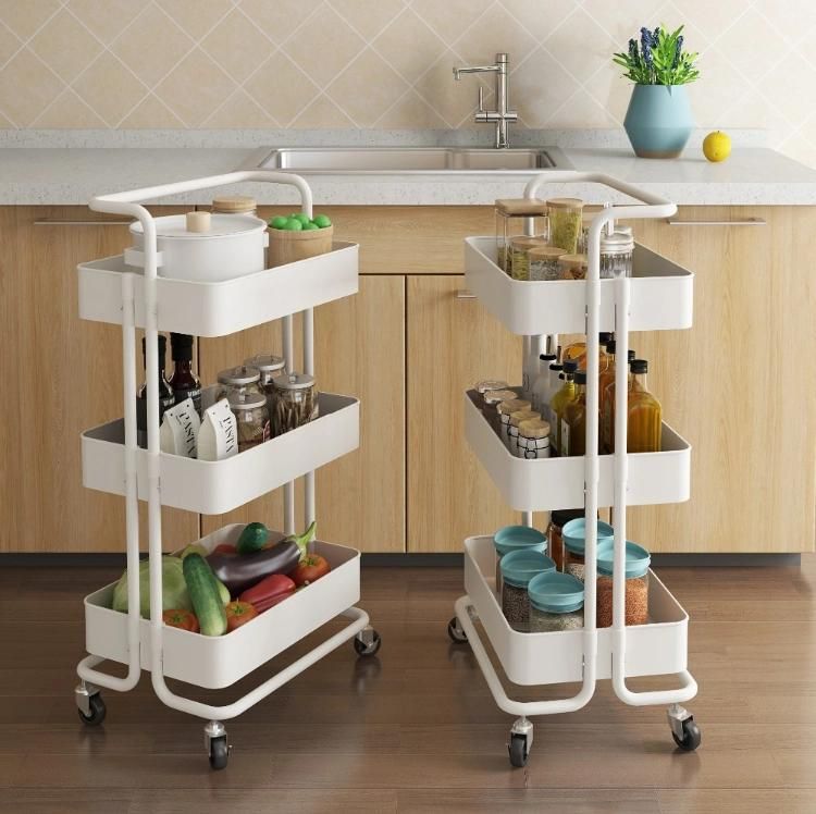 Modern Iron Kitchen Vegetable Trolley Island Storage Cart with Basket