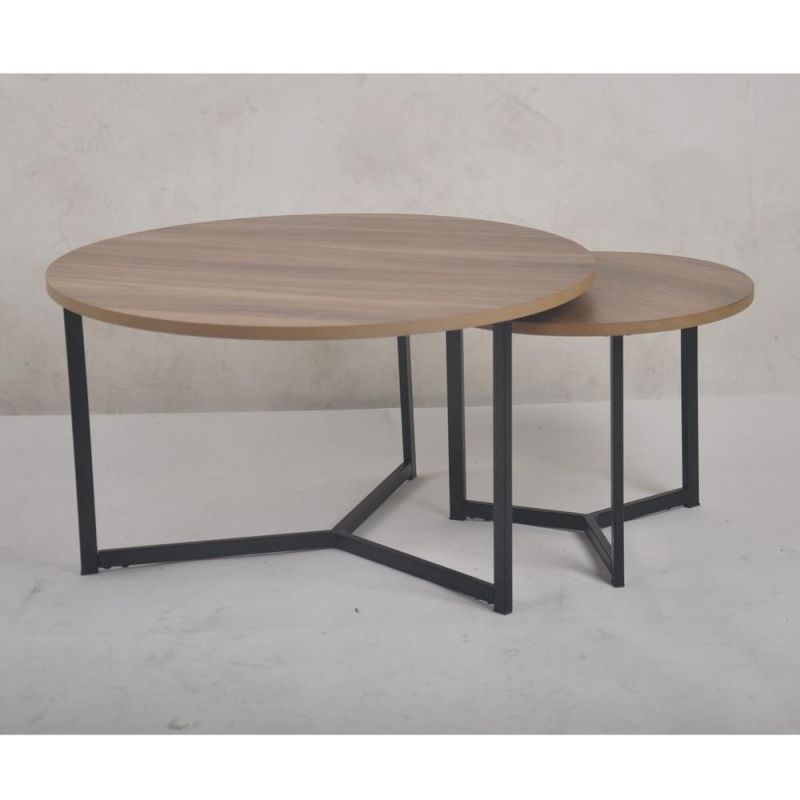 Good Quality Round MDF Covered Walnut Veneer and Clear Lacquer Top Dining Table with Black Legs