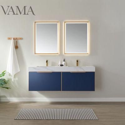 Vama 60 Inch Popular Style Hot Selling Stainless Steel Gold Frame Wall Hung Classic Blue Lacquer Double Sinks Bathroom Furniture B01460CB