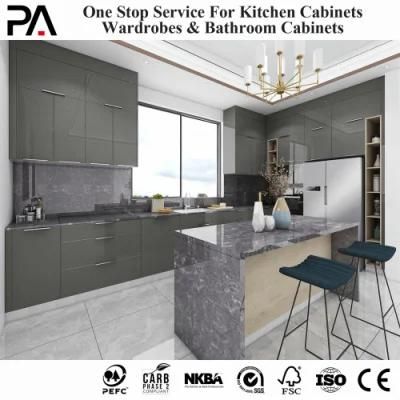 PA Modern Design Quartz Countertops Maroon Lacquer High Glossy Gray Kitchen Island Kitchen Cabinets