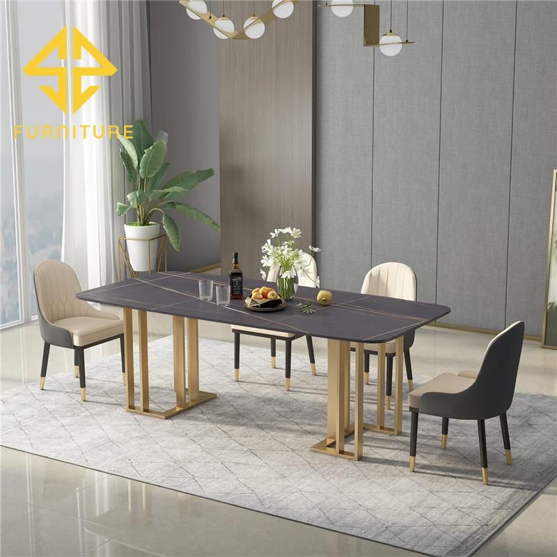 Sawa New Modern Luxury Slate White Stainless Steel Marble Dining Table