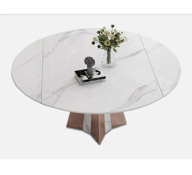 High End Modern Home Dining Furniture Elegant Marble Top Stainless Steel White Round Extendable Dining Table Set