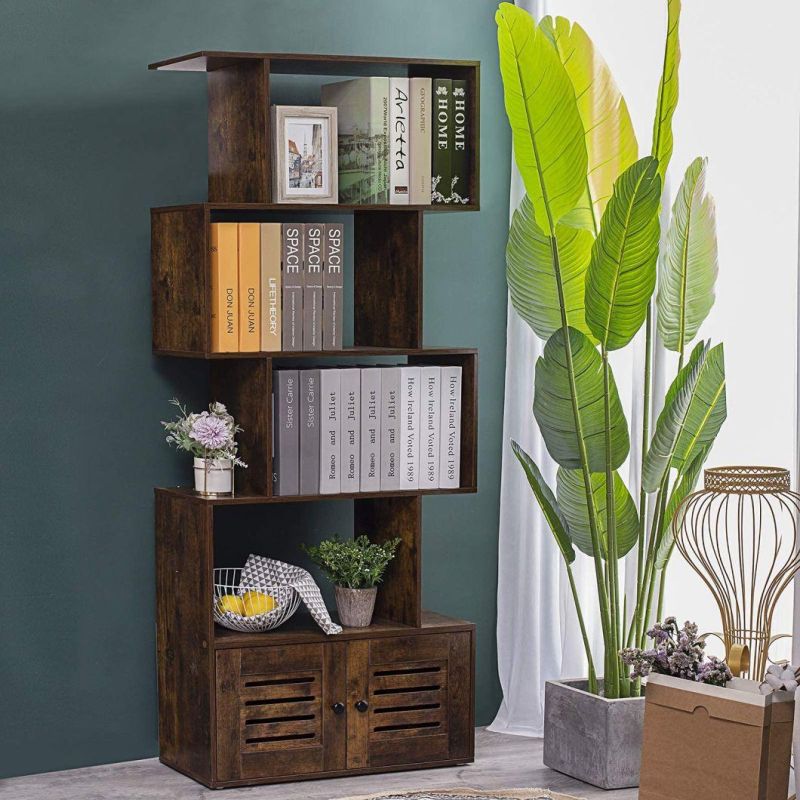 5-Tier Wooden Geometric Bookcase, Bookshelf with Doors, S-Shaped Display Shelf with Cabinet, Freestanding Decorative Storage Shelving for Living Room
