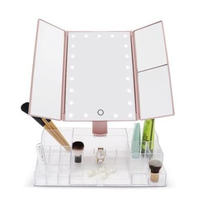 Trifold LED Cosmetic Mirror with Makeup Tools Acrylic Storage Organizer