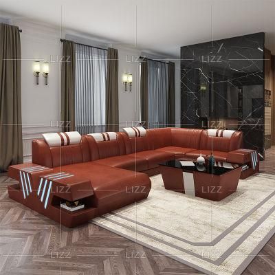 Commercial Office Functional LED Modern Design Furniture Set Leisure Leather Sofa with Coffee Table