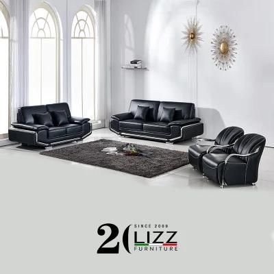 Living Room Furniture Leather Sofa Sets Black Wooden Sofa with Stainless Steel
