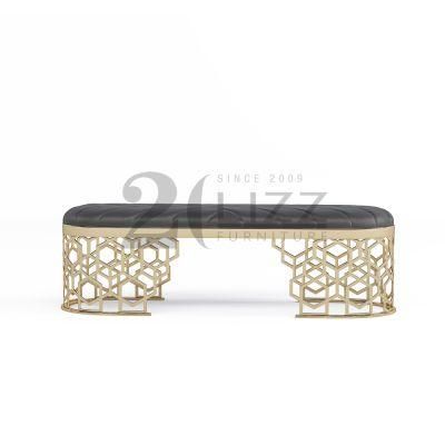 Hot Selling Modern Hotel Apartment Luxury Living Room Ottoman Leisure Fabric Ottoman with Polish Shiny Metal Legs