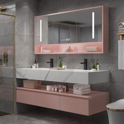 Pink Color Modern Melamine Plywood Wall Mounted Bathroom Vanity with Mirror Cabinet