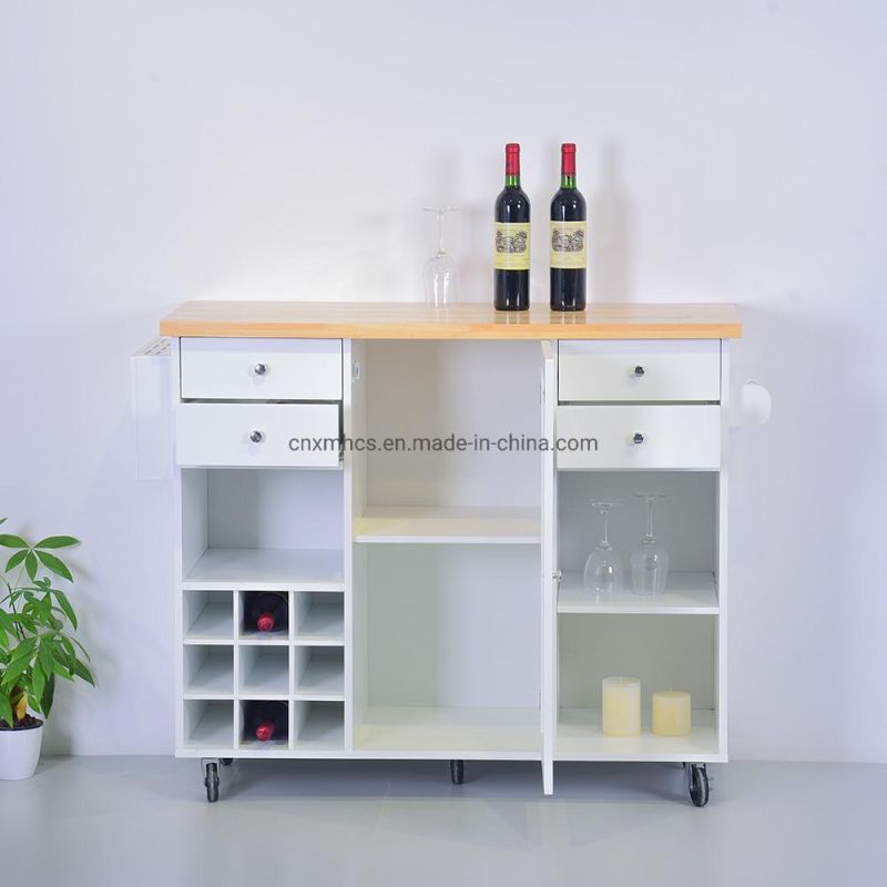 Wooden Kitchen Serving Trolley Cart Storage Rack White Kitchen Island with Wine Rack, Kitchen Furniture, Household Kitchen Cabinet