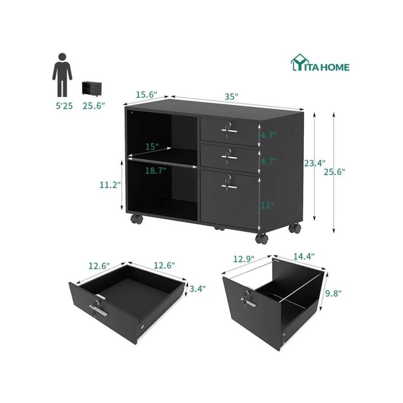 Wood File Cabinet 3 Drawer Mobile Lateral Filing Cabinet with 2 Open Shelves