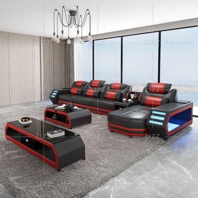 2021 Newest Arrivals Modern Living Room LED Red Couch Leisure Genuine Leather Home Sofa Set with Bluetooth Speaker