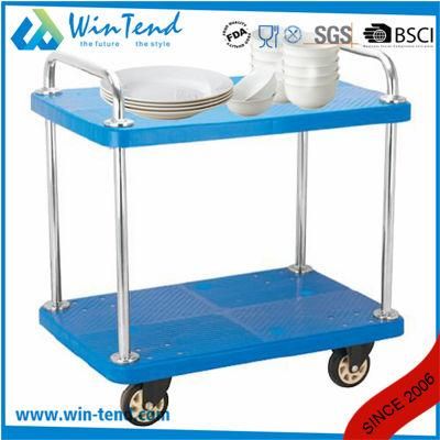 2 Tiers Hotel Stainless Steel Handle Plastic Trolley Cart with Wheels
