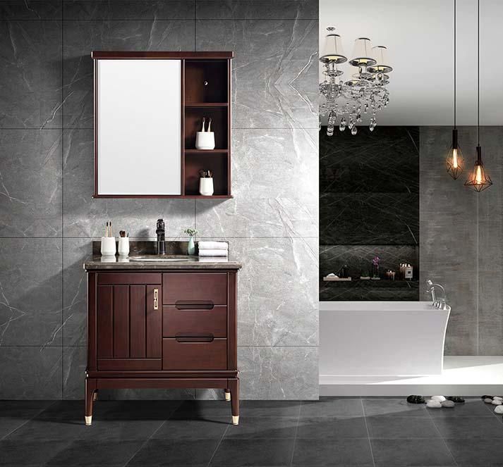 High-Grade Solid Wood Walnut Color Bathroom Vanity with Marble Top and Mirror Cabinet