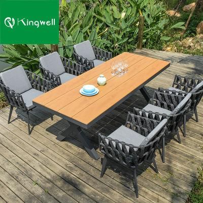 Stylish Garden Set Outdoor Modern Furniture Aluminum Frame Table and Braided Rope Chair with Waterproof Cushion