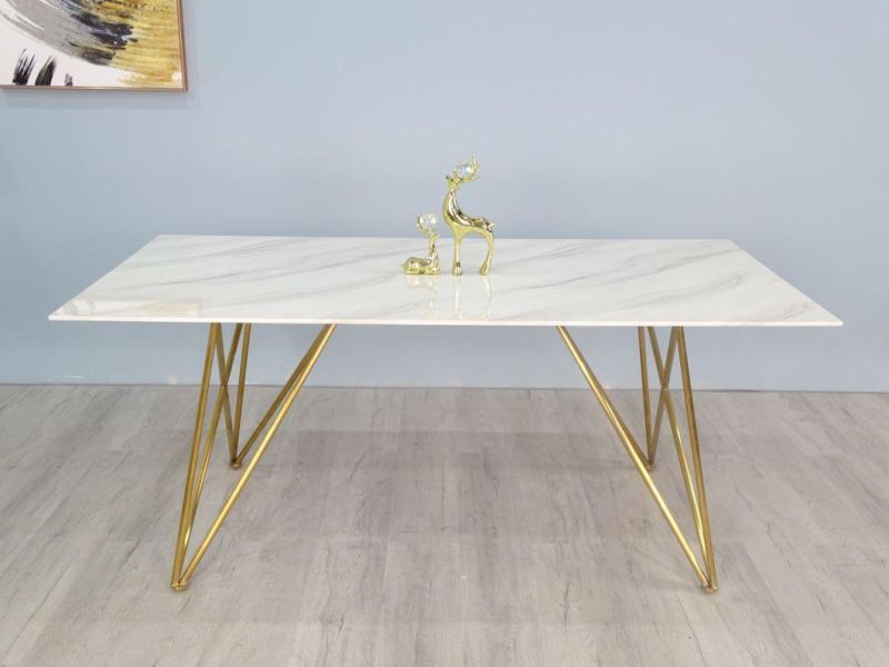 Home Furniture Tempered Glass Imitation Marble Top Dining Table with Golden Frame