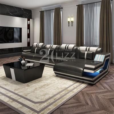 Chinese Home Furniture Living Room Smart LED Leather Sectional Sofa with Coffee Table