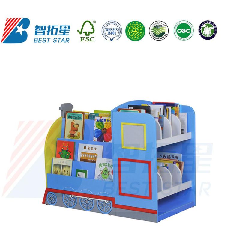 Morden Children Wooden Display Bookshelf, Movable Cartoon Design Kids Bookcase Bookshelf, Kindergarten and Preschool Furniture, School Library Book Rack
