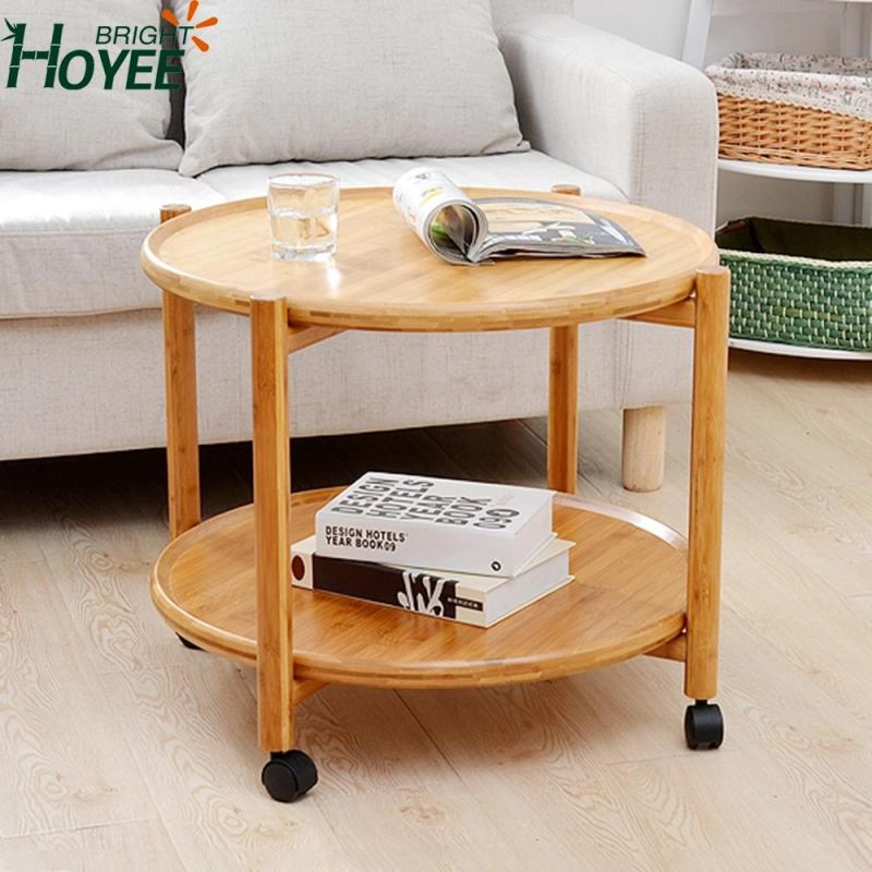 Bamboo Small Tea Table Coffee Table with Wheels for Living Room