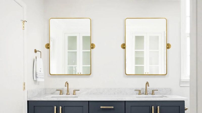 Contemporary Industrial Wall Mirror Brushed Golden Metal Rectangle Mirror for Entrance/ Bathroom/Restroom Pivot Tilting Bathroom Vanty Mirror for Bathroom