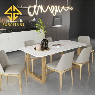 Sawa New Modern Luxury Slate White Stainless Steel Marble Dining Table