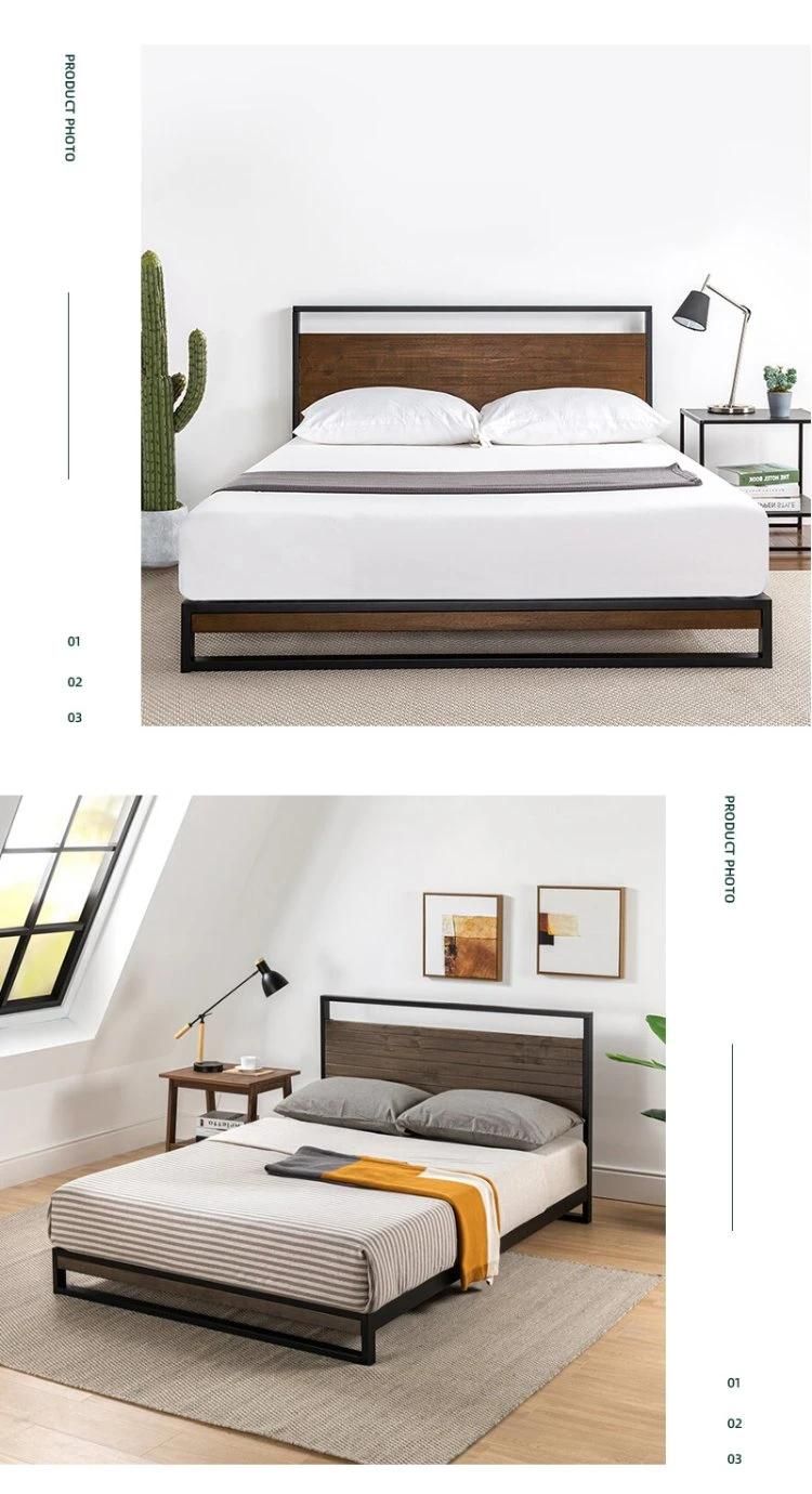 Modern Hotel Wooden Furniture Iron Frame Soild Wood Double Bed