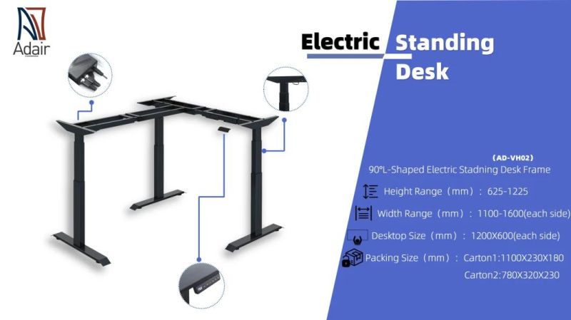 L-Shape Height Adjustable Electric Standing Office Computer Desk with Three Motors