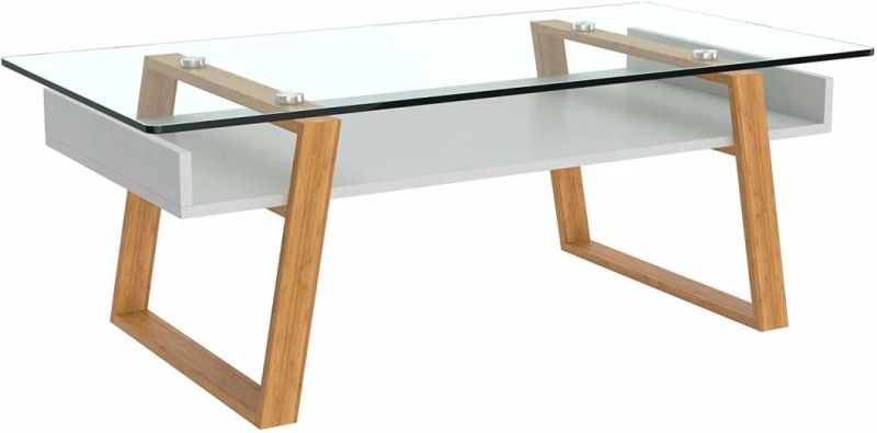 Modern Coffee Table with Natural Wood Frame and Glass Top
