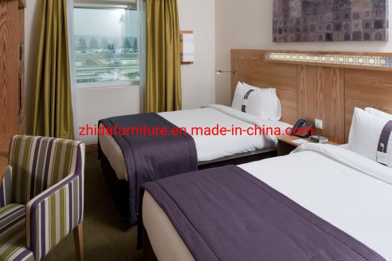 Modern 5 Star Commercial Hotel Furniture Bedroom Set Double King Size Wooden Bed with Headboard Wall