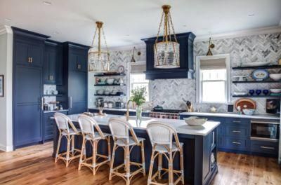 Open Frame Dark Blue Beautiful Crown Moulding Kitchen Cabinets with Island