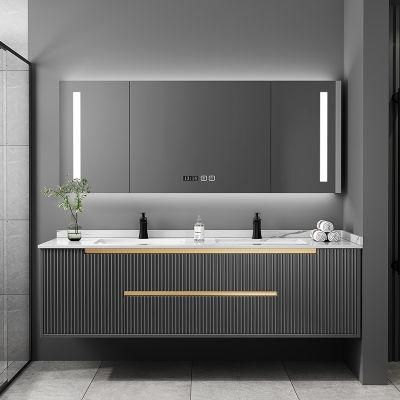 Modern Wall Mounted LED Light Mirror Cabinet Bathroom Cabinet with Rock Plate Basin