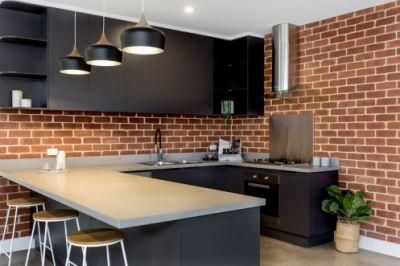 U-Shaped Solid Wood Kitchen Cupboard PVC Black Flat Furniture Wall Kitchen Cabinets
