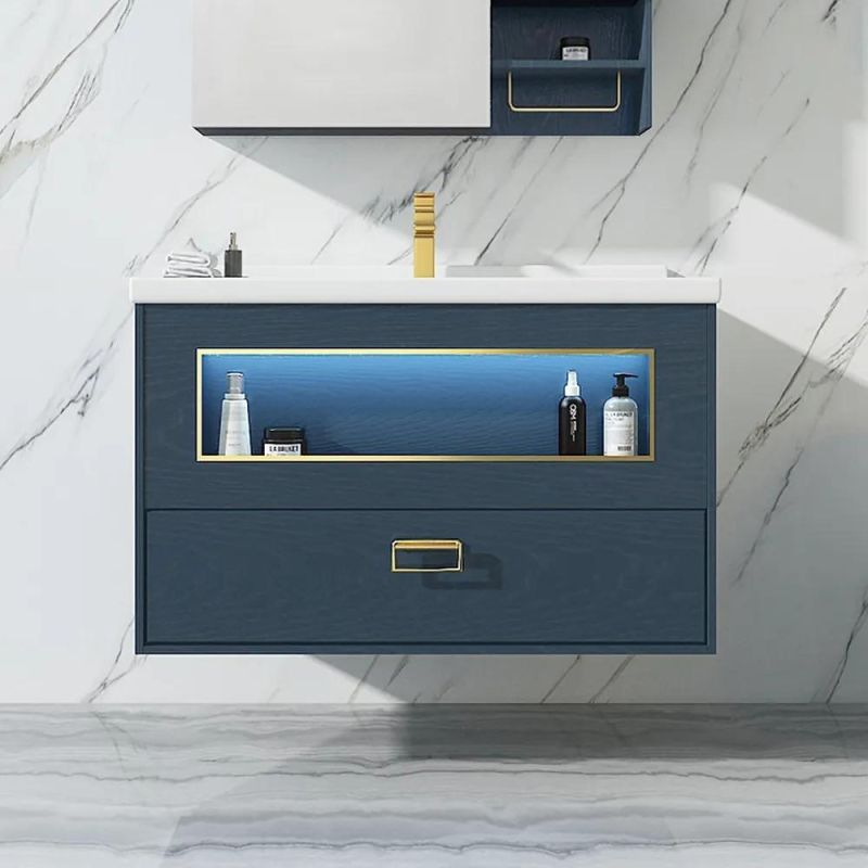 28" Melamine Board Bathroom Cabinet Blue Floating Bathroom Vanity Rock Plate Ceramic Drop-in Sink with Cabinet & Drawer