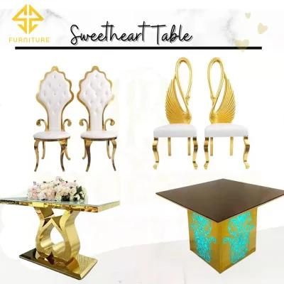 New Model Crystal Mirror Glass Top Gold Stainless Steel Cake Table Wedding