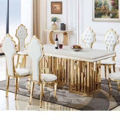 Classical Glass Top Dining Table with Gold Metal Stainless-Steel Frame Wedding Chair White Table Set